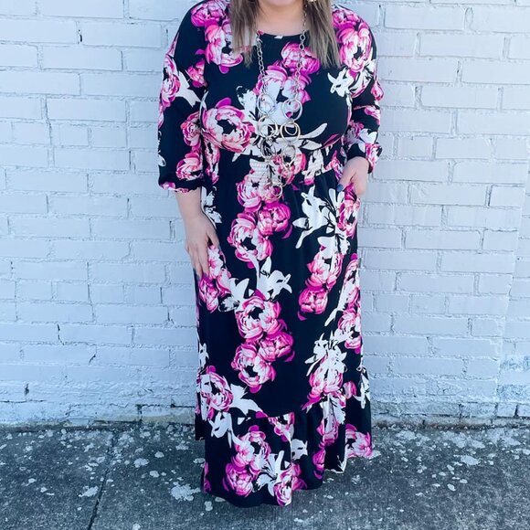 NEW NWT Tags LuLaRoe Evelyn Smocked Waist Maxi Dress Long Sleeve Black Floral - Picture 10 of 14